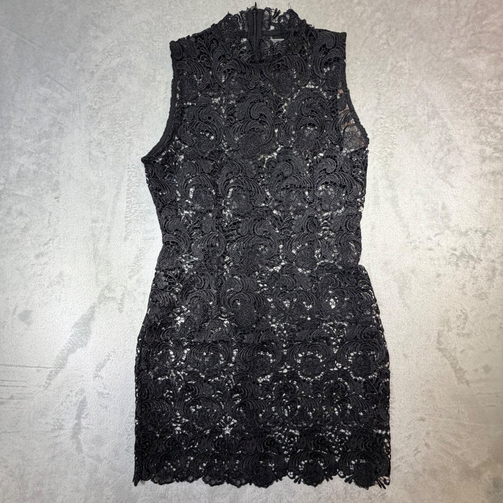 Gracia Black Lace Mock Neck Mini Dress Size M Sleeveless Floral Guipure Cocktail